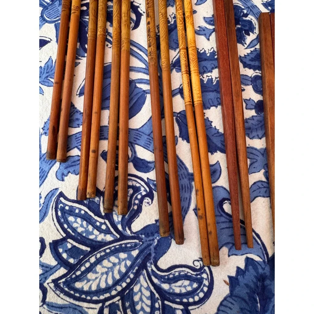 Vintage Assorted Chopsticks Set 9 Pairs Bamboo Carved Wood Lacquer Inlaid Decor